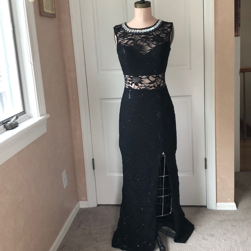 Full length black lace dress with rhinestone